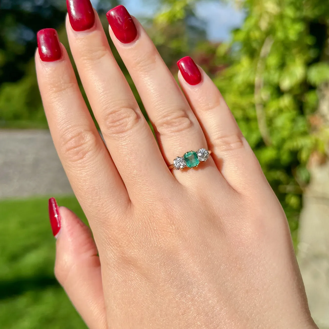 Antique Edwardian Emerald Diamond Trilogy Ring 0.75ct Emerald
