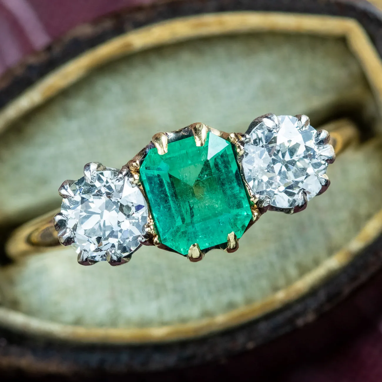 Antique Edwardian Emerald Diamond Trilogy Ring 0.75ct Emerald