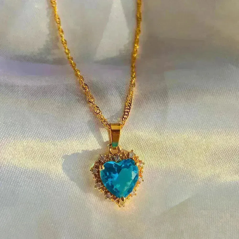 Colorful Rhinestones Heart-shped Necklace Love Gold Clavicle Chain Ins Personalized Jewelry For Women Valentine's Day