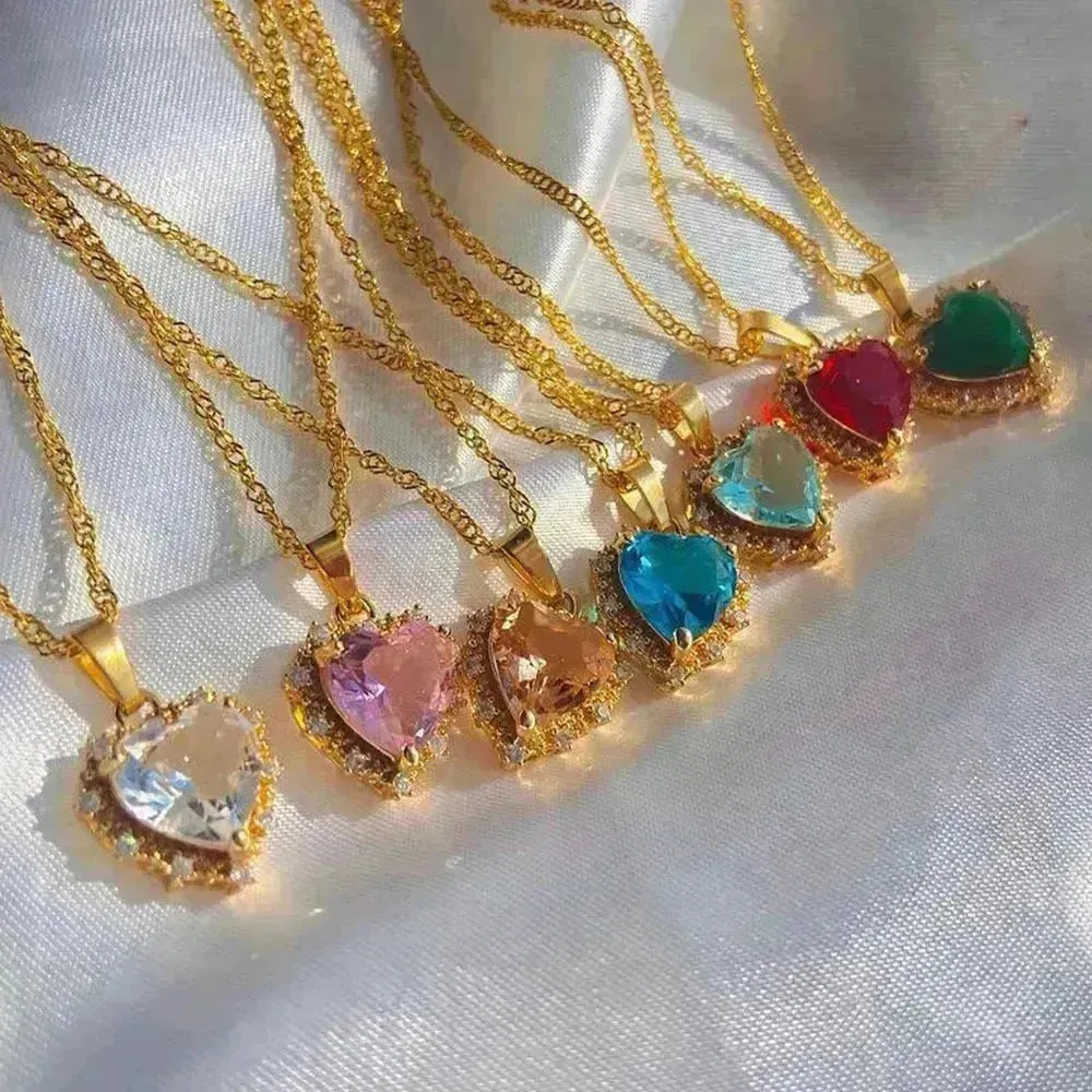 Colorful Rhinestones Heart-shped Necklace Love Gold Clavicle Chain Ins Personalized Jewelry For Women Valentine's Day
