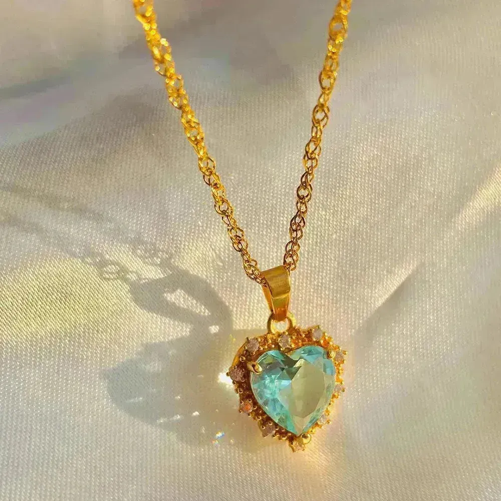 Colorful Rhinestones Heart-shped Necklace Love Gold Clavicle Chain Ins Personalized Jewelry For Women Valentine's Day