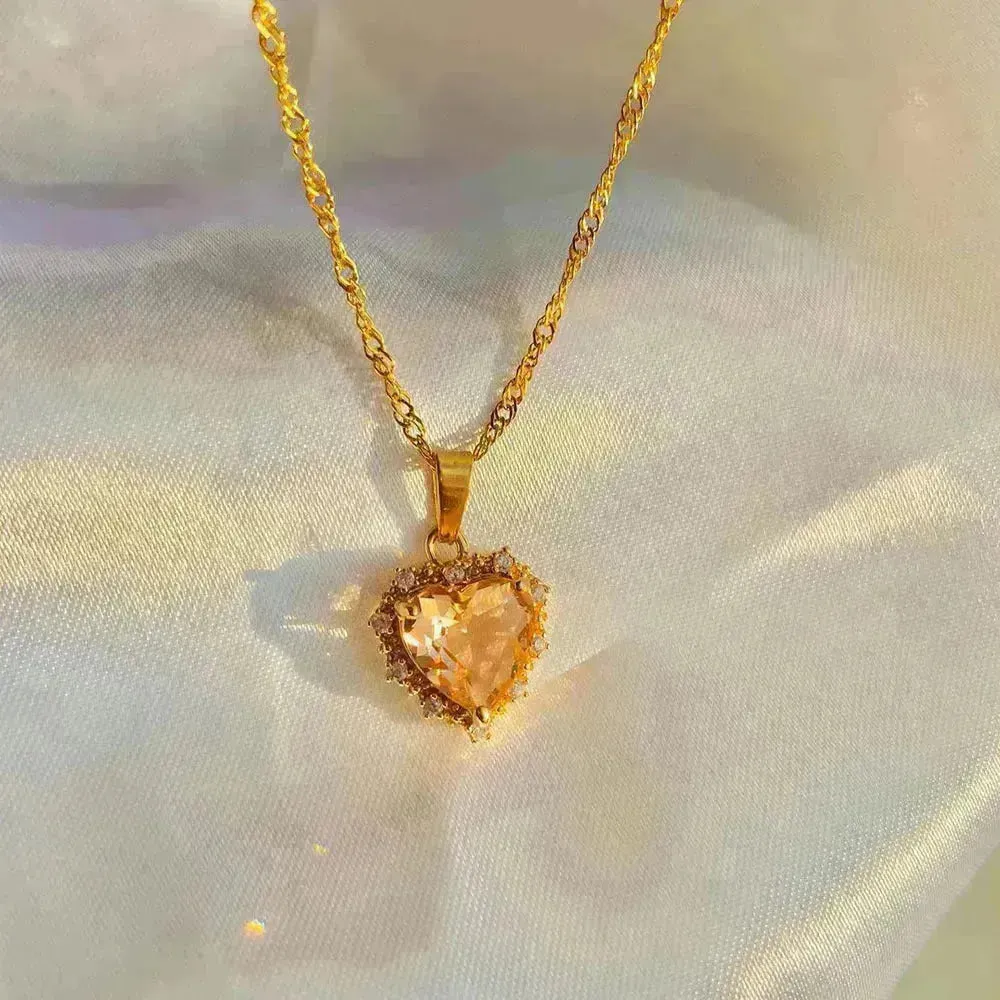 Colorful Rhinestones Heart-shped Necklace Love Gold Clavicle Chain Ins Personalized Jewelry For Women Valentine's Day