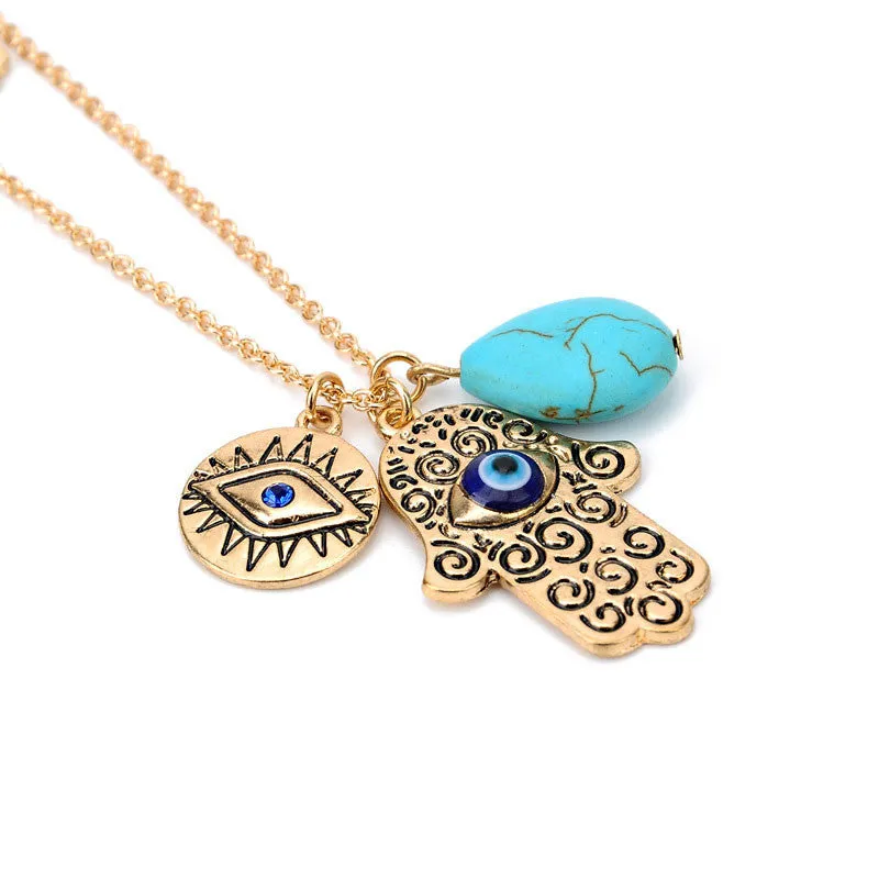 Fashion 2 Layers Blue Beads Hand Chain Necklace Multi-Layer women Gold Plated Charms Pendant Necklace