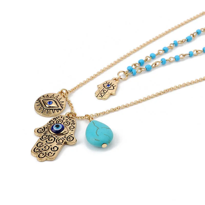 Fashion 2 Layers Blue Beads Hand Chain Necklace Multi-Layer women Gold Plated Charms Pendant Necklace