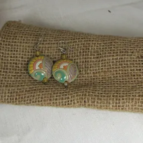 Handmade Ivory, Green & Yellow Paisley Ceramic Earrings  Golem