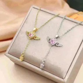 Moving Cupid Heart Angel Wings Tassel Necklace With Crystal Clavicle Chain Women Jewelry Gift Valentine's Day