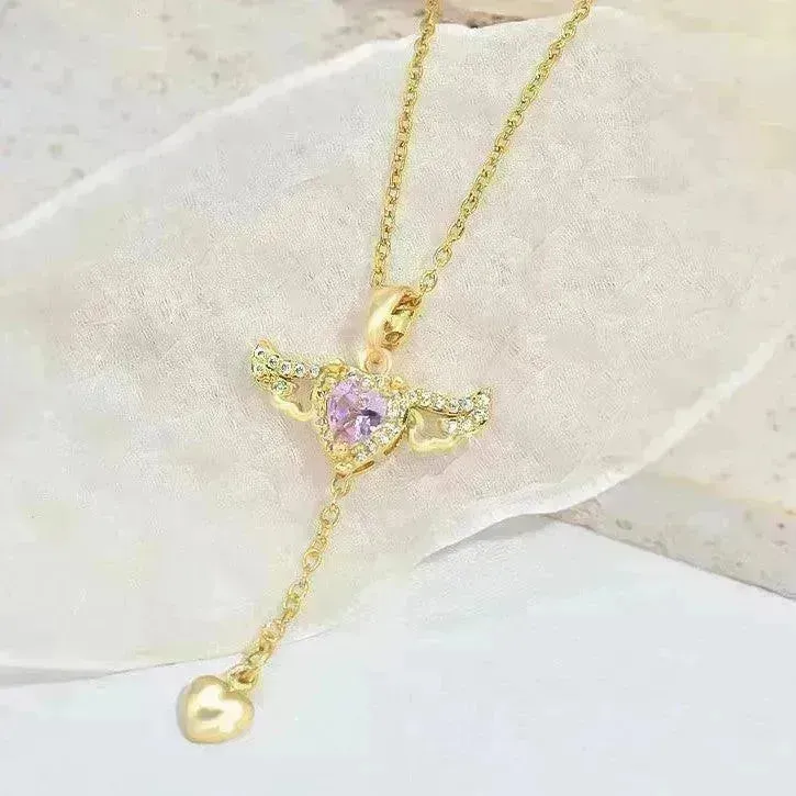 Moving Cupid Heart Angel Wings Tassel Necklace With Crystal Clavicle Chain Women Jewelry Gift Valentine's Day