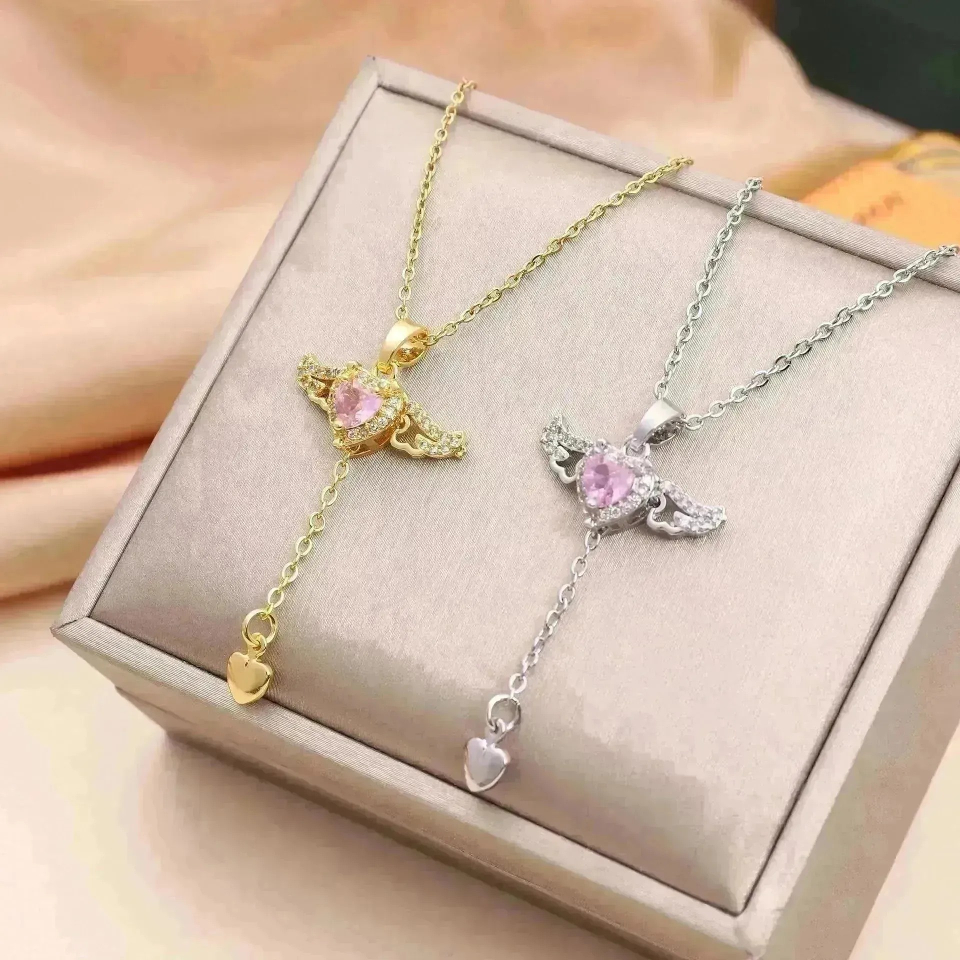 Moving Cupid Heart Angel Wings Tassel Necklace With Crystal Clavicle Chain Women Jewelry Gift Valentine's Day