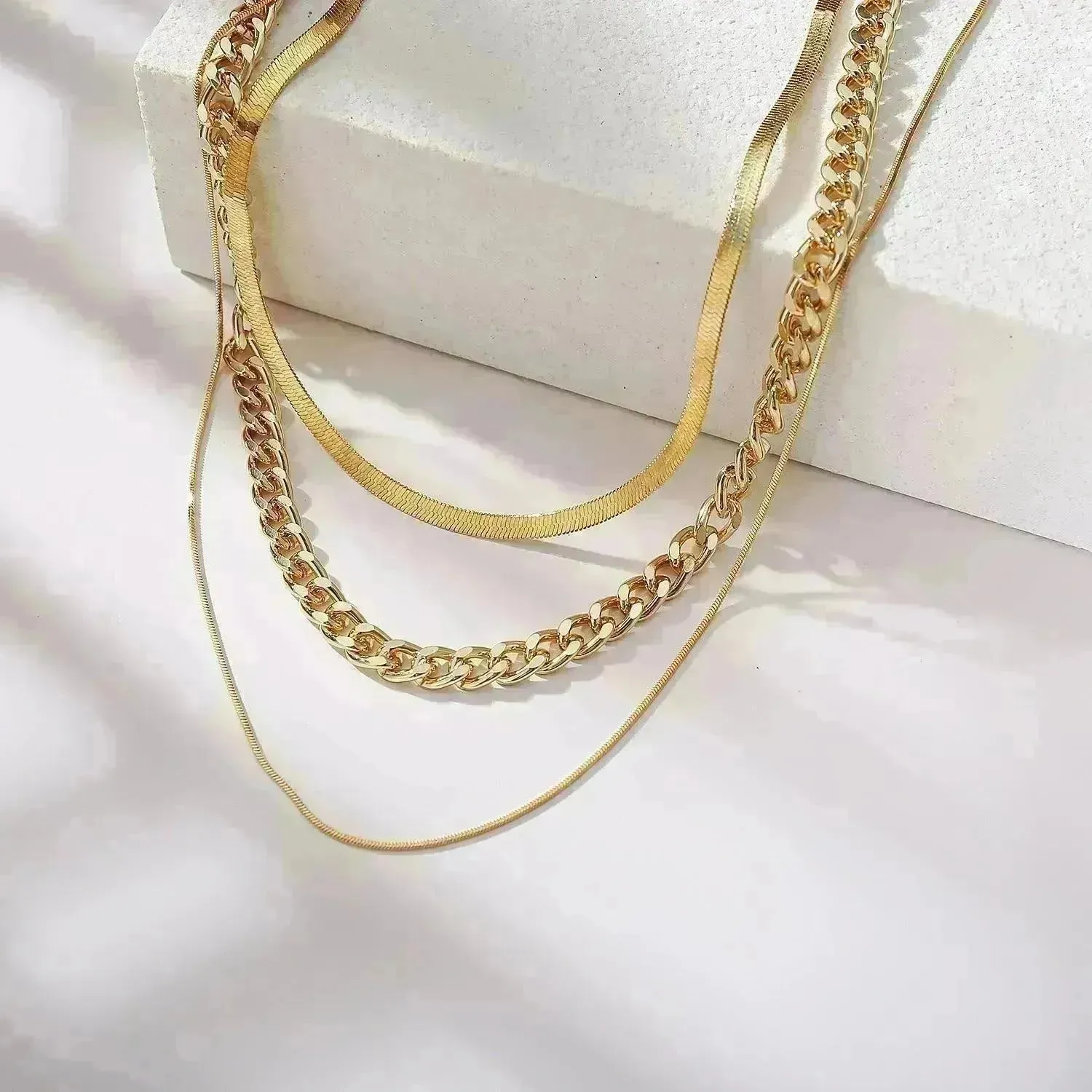 Multi-Layer Thick Chain Stacking Necklace Personality Three-Layer Clavicle Chain Gold Necklace for Women