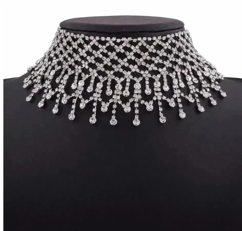 Sparling Rhinestone  Diamond Fringed  Tassel Choker Necklace for Women Bridal Wedding Luxury Necklace