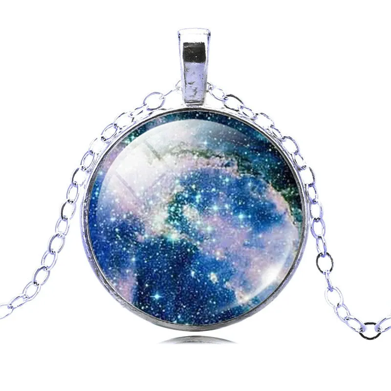 Vintage Galaxy Necklace&Pendant Glass Cabochon Statement Chain Necklace for Women Vintage Sterling Silver Jewelry Fine Jewelry