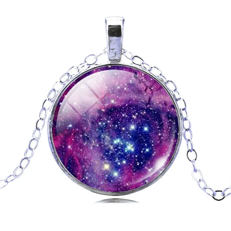 Vintage Galaxy Necklace&Pendant Glass Cabochon Statement Chain Necklace for Women Vintage Sterling Silver Jewelry Fine Jewelry