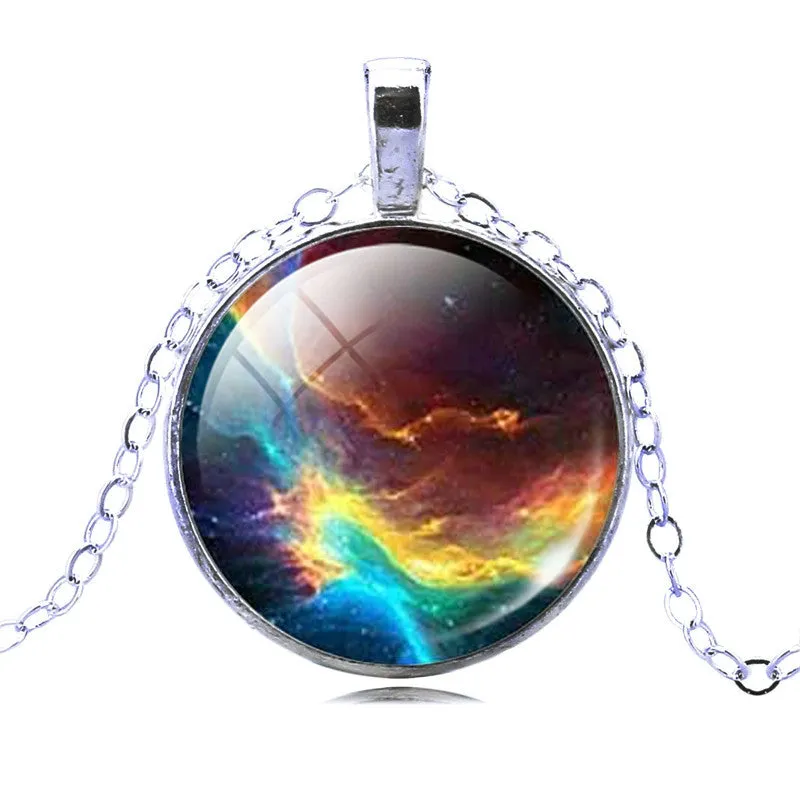 Vintage Galaxy Necklace&Pendant Glass Cabochon Statement Chain Necklace for Women Vintage Sterling Silver Jewelry Fine Jewelry