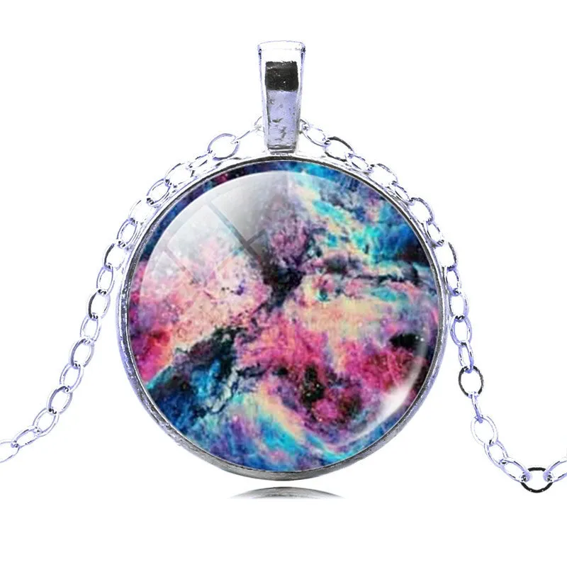 Vintage Galaxy Necklace&Pendant Glass Cabochon Statement Chain Necklace for Women Vintage Sterling Silver Jewelry Fine Jewelry