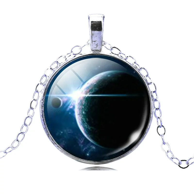 Vintage Galaxy Necklace&Pendant Glass Cabochon Statement Chain Necklace for Women Vintage Sterling Silver Jewelry Fine Jewelry
