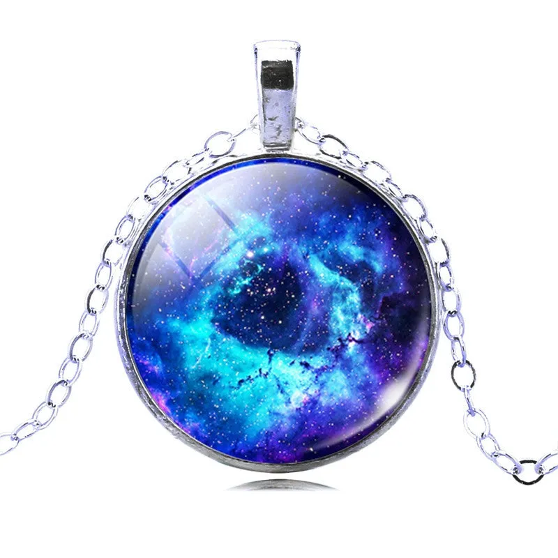 Vintage Galaxy Necklace&Pendant Glass Cabochon Statement Chain Necklace for Women Vintage Sterling Silver Jewelry Fine Jewelry