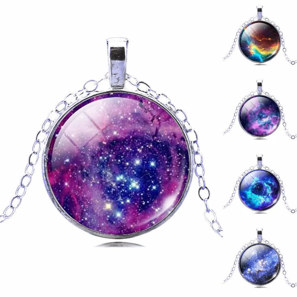 Vintage Galaxy Necklace&Pendant Glass Cabochon Statement Chain Necklace for Women Vintage Sterling Silver Jewelry Fine Jewelry