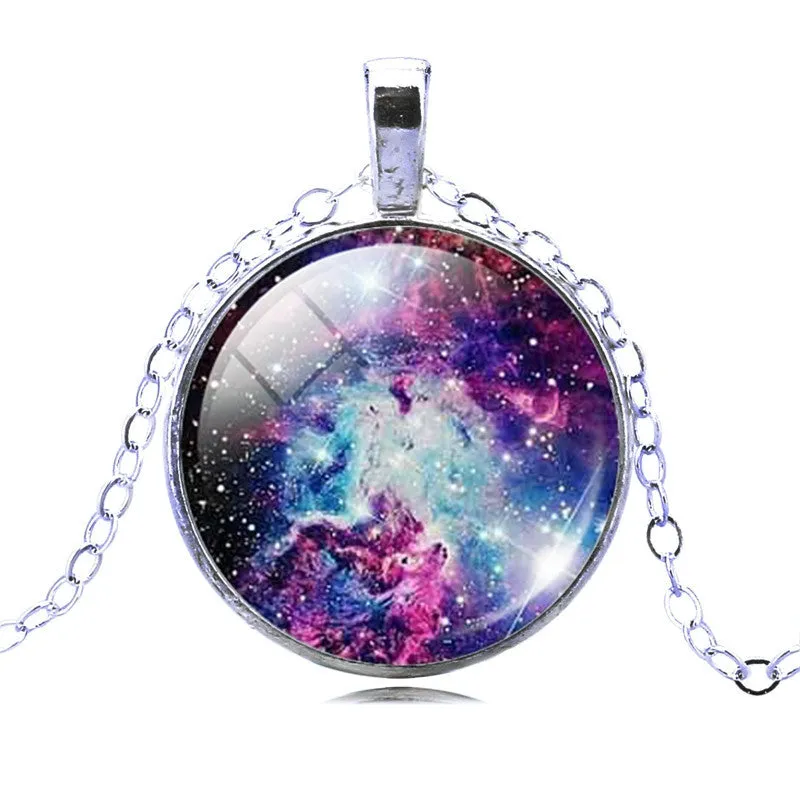 Vintage Galaxy Necklace&Pendant Glass Cabochon Statement Chain Necklace for Women Vintage Sterling Silver Jewelry Fine Jewelry