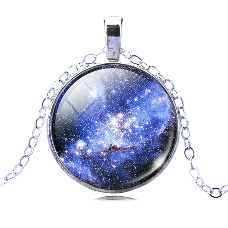Vintage Galaxy Necklace&Pendant Glass Cabochon Statement Chain Necklace for Women Vintage Sterling Silver Jewelry Fine Jewelry